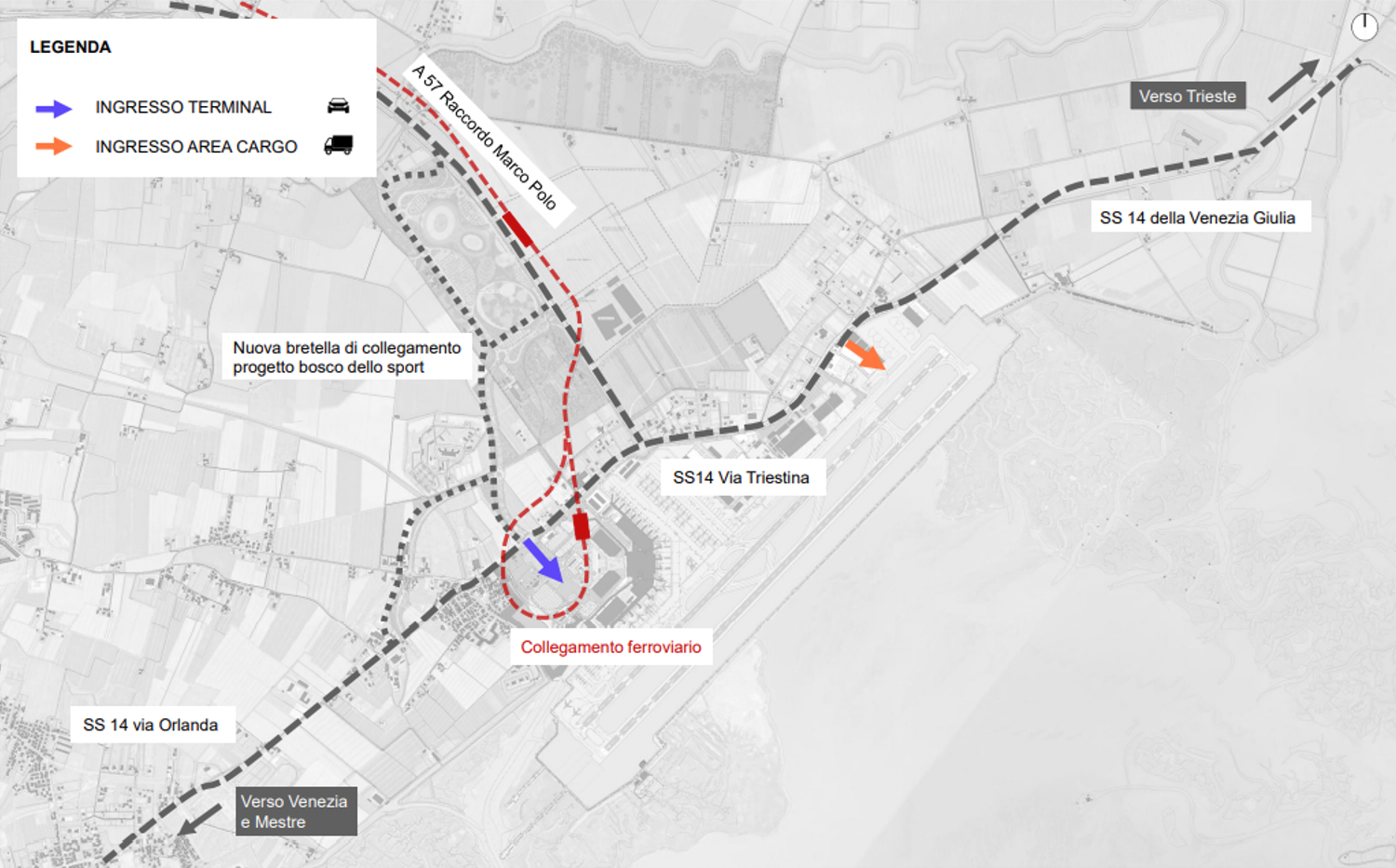L’accessibilità aeroportuale<br />
Save Spa ha elaborato un piano di mobilità a basse emissioni di CO2, con l’obiettivo di azzerare le emissioni climalteranti legate alla mobilità, che sostiene il miglioramento della rete di trasporto pubblico e prevede la decarbonizzazione dei mezzi di trasporto.<br />
Il Piano prevede:<br />
•	una politica di miglioramento delle frequenze e della flotta del trasporto pubblico;<br />
•	piani di comunicazione e incentivi all’utilizzo di mezzi pubblici, condivisi o a zero/bassa emissione di CO2;<br />
•	rivisitazioni tariffarie dei parcheggi per il disincentivo all’utilizzo dell’auto privata.<br />
Il Masterplan ha pertanto l’obiettivo di favorire l’intermodalità implementando un nuovo modello di accessibilità all'aeroporto attraverso:<br />
·	il miglioramento della fruizione del trasporto pubblico che ai viaggiatori verrà presentata tra le prime opzioni disponibili per la mobilità, con un terminal dedicato, ottima accessibilità semplice ed immediata;<br />
·	in particolare, la realizzazione del tracciato ferroviario, che avrà una stazione in aeroporto che consentirà il collegamento alla rete ferroviaria ad Alta Velocità, permetterà l’accessibilità allo scalo anche a viaggiatori che risiedono a notevoli distanze e senza bisogno di utilizzare altri mezzi di collegamento;<br />
·	l’incentivo alla condivisione dell’auto privata (sharing mobility);<br />
·	il potenziamento del collegamento multimodale terra-acqua e dei collegamenti tra la terraferma e le isole;<br />
·	la diffusione dei mezzi a basse emissioni;<br />
·	il potenziamento dei percorsi pedonali e ciclo-pedonali;<br />
·	lo sviluppo della rete Advanced Air Mobility (AAM), che prevede l’utilizzo di droni per il trasporto di persone, merci generiche e materiale biomedicale. Per la creazione della rete è necessaria la costruzione di un sistema di vertiporti, che concorrerà a ridurre l’impatto acustico e ambientale e i costi operativi, grazie all’impiego di propulsioni elettriche a batteria od a celle di combustibile ad Idrogeno.<br />

